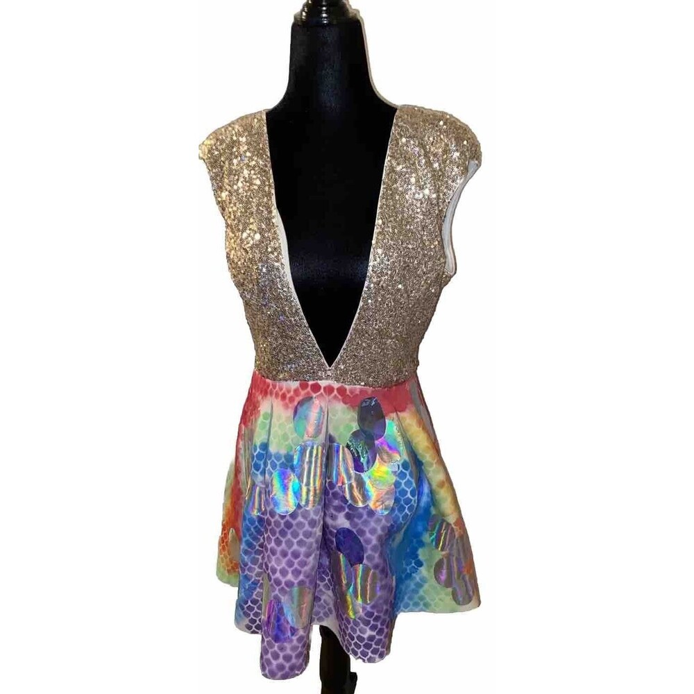 Miss Avenue L Mini V-Neck Gold Sequin Multicolor Mermaid Costume Party Dress